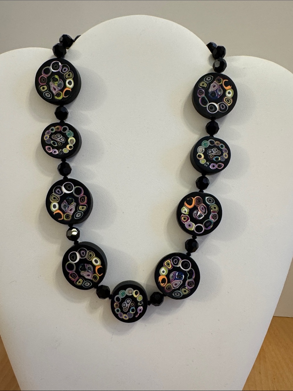 Colorful painted black wooden flat disk beaded necklace w/black spacer beads
